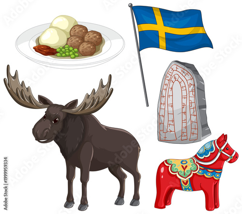 Swedish Cultural Symbols and Traditional Food Vector Illustration Set
