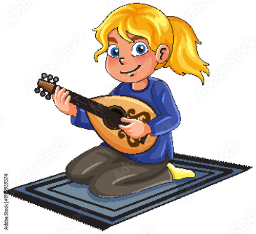 Cartoon Blonde Girl Sitting on Rug Playing a Traditional Lute Instrument