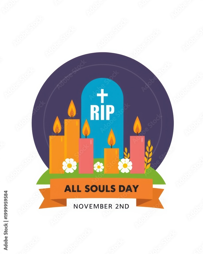 Fototapeta premium All souls day illustration with lit candles and rip tombstone isolated on white background