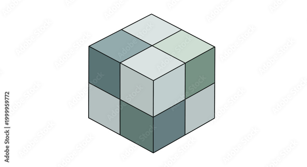 Fototapeta premium Abstract Cube With Pixelated Squares, Geometric Shape, Isometric View, Cool Tones