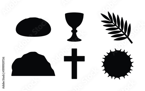 Christian Holy Week silhouette icons, religious Easter symbols set of 6 vectors, black cross bread chalice palm leaf crown of thorns and tomb