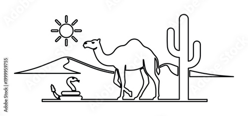 Minimalist desert landscape line art vector, camel and rattlesnake in sahara dunes, hot sun and saguaro cactus outline illustration for travel icons