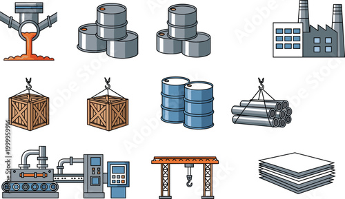 Industrial Factory and Manufacturing Icons Set Featuring Cranes, Barrels, Machinery, and Production Equipment for Construction and Industry Designs