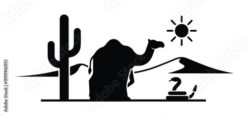 Desert landscape silhouette with camel and cactus, black desert wildlife vector illustration, arid nature scene with sun and cobra snake