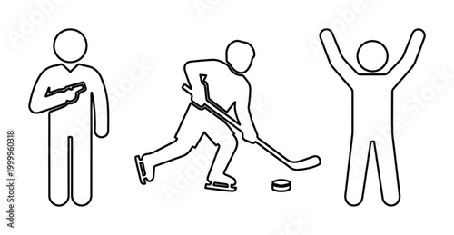 Photography Ice hockey player stickman icons, minimalist athlete outline vector set, winter