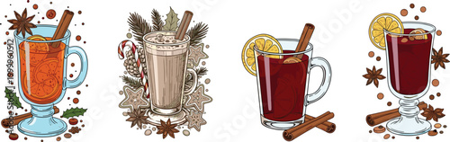 Holiday Warm Beverages Collection Featuring Spiced Tea, Hot Chocolate, and Mulled Wine for Winter Drink and Festive Designs