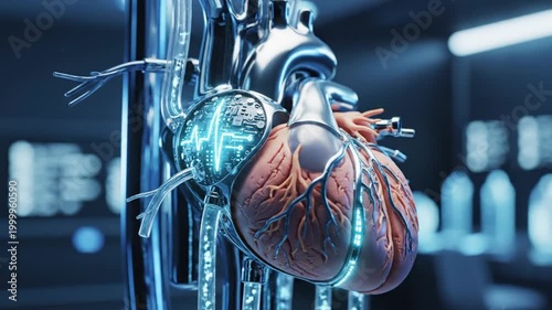 A futuristic medical scan of a human heart reveals intricate details in a dark laboratory setting with advanced technology.