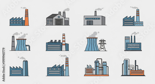 Collection of industrial factory buildings with smokestacks emitting smoke.