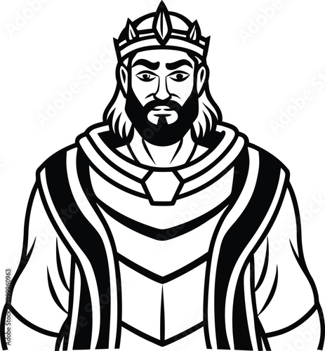 Black and white illustration of a king wearing a crown and robe