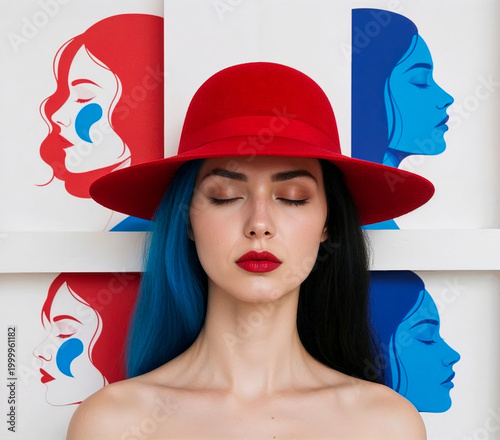 Serene Woman Amidst Colorful Graphic Profiles