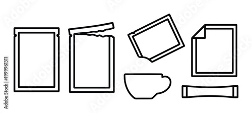 Minimalist sugar sachet line icons, coffee sweetener packet vector set, open and closed condiment pouch illustrations for cafe branding