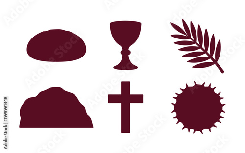 Christian Holy Week silhouette icons, religious Easter symbols set with cross and chalice, maroon church graphics for Lent and Good Friday