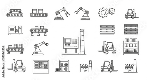 Industrial Automation Icons Set Factory Manufacturing Elements.