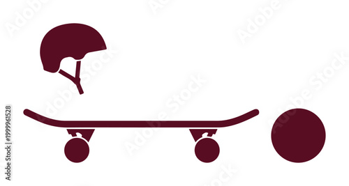 Skateboard silhouette with safety helmet and wheel, maroon extreme sports equipment icons, minimalist skating gear vector set for urban lifestyle