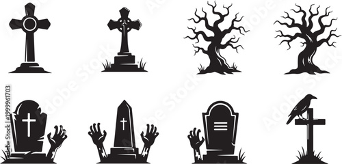 Halloween icons, spooky grave markers, crosses, trees, vector graphics