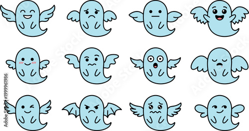 Obraz na plátně Cute vector illustration collection of light blue winged ghosts with various expressive facial emoji emotions and wings