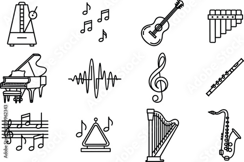Music Instruments and Sound Icons Set Featuring Piano, Guitar, Flute, Harp, Metronome, and Musical Notes for Music and Performance Designs