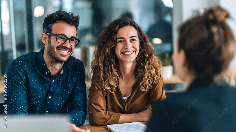 Naklejka premium Professional immigration attorney consulting a happy couple holding passports in modern office in the USA. Smiling lawyer assisting clients with green card and visa application process, legal advice. 