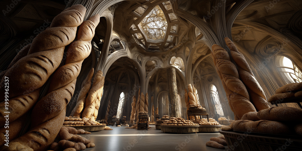 Fototapeta premium Vast bread hall with arches. Imposing space decorated with loaves and ornate arches