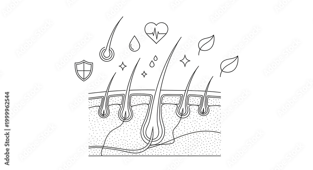 Obraz premium A minimalist black and white line art illustration of a cross-section of the scalp and hair follicles.