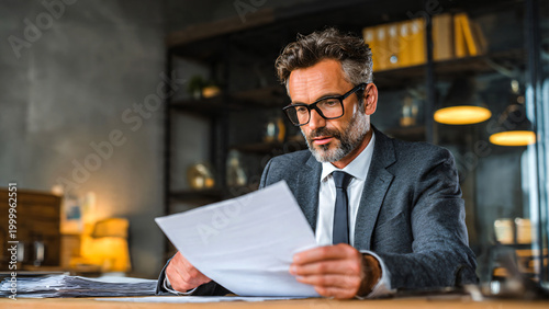Professional attorney reviewing a concerning legal letter regarding client case in modern office. Focused lawyer analyzing documents, paperwork.