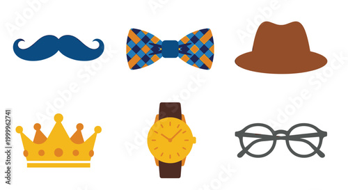 set of gentleman accessories including bow tie hat crown watch glasses and mustache