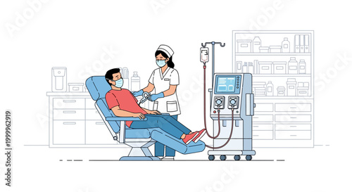 A nurse in protective gear attends to a patient undergoing dialysis treatment in a medical facility.