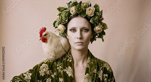 Surreal Portrait with Chicken and Roses