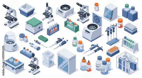A comprehensive collection of laboratory equipment, including microscopes, centrifuges, pipettes, and test tubes, arranged in an isometric illustration.