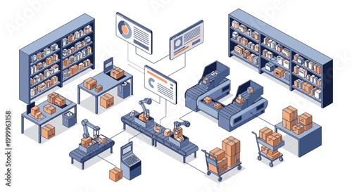 Automated warehouse logistics system with robotic arms, conveyor belts, and inventory management displays.