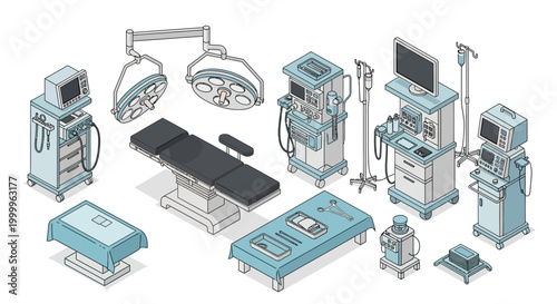 Isometric illustration of various medical equipment used in operating rooms and hospitals, including surgical lights, beds, and monitoring devices.