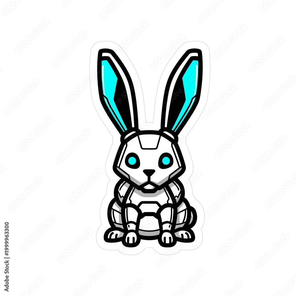 Obraz premium Cute Robotic Bunny with Bright Blue Ears and Eyes.