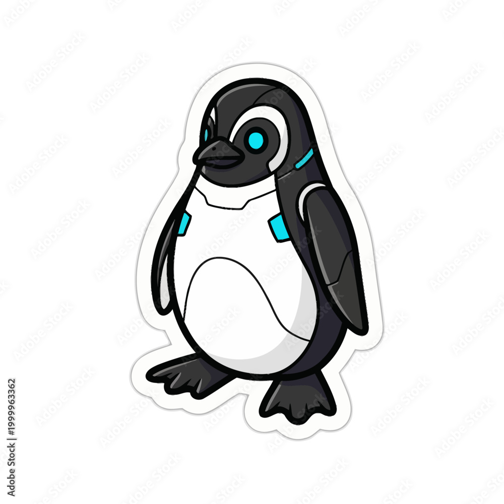 Fototapeta premium Cute Robotic Penguin Sticker with Blue Accents and Futuristic Design.