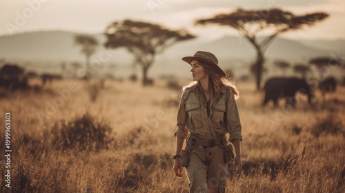 Adventurous woman in safari outfit and hat walking through golden grassland at sunset, with elephants and acacia trees in the background on African savanna