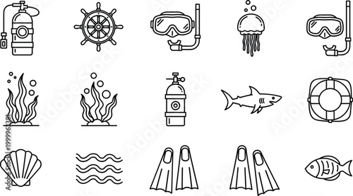 Scuba Diving and Ocean Exploration Icons Set Featuring Dive Gear, Sharks, Jellyfish, and Marine Life for Underwater Adventure Designs