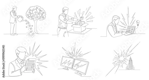 Continuous line drawing of businessman watering money tree with dollar coins representing investment growth and financial sustainability.