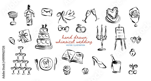 Foto Hand-drawn Whimsical wedding doodle set, Sketch wedding items decoration for wed