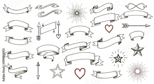 Hand-Drawn Banners, Ribbons, Arrows, Stars and Hearts Collection - Vintage Style
