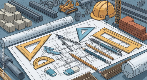 Construction blueprint and tools for architectural design and planning.