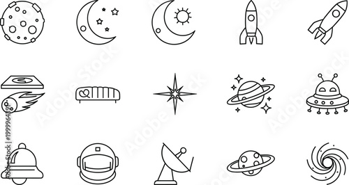 Space Exploration and Astronomy Icons Set Featuring Rockets, Planets, Stars, UFOs, and Astronauts for Sci-Fi and Cosmic Designs