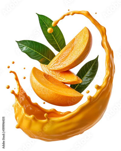Fresh mango slices with orange juice splash and green leaves floating in air on transparent background