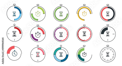 Collection of Stopwatch Icons with Hourglass Symbol, Time Management Concept