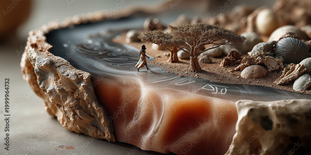 Fototapeta premium Diminutive traveler exploring detailed gemstone environment with reflective water scene
