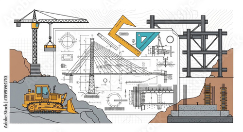 Construction blueprint with heavy machinery and architectural plans.