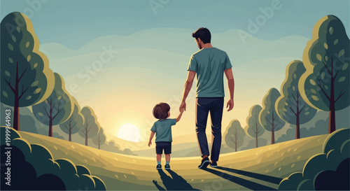 Father, son, walking, hand in hand, sunset, landscape, illustration, vector