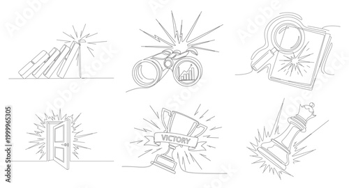 Continuous line drawing pack featuring domino effect binoculars with data magnifying glass open door trophy award and chess queen.