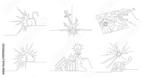 One line drawing of anchor breaking through surface with impact burst representing stability grounding and firm business foundation.