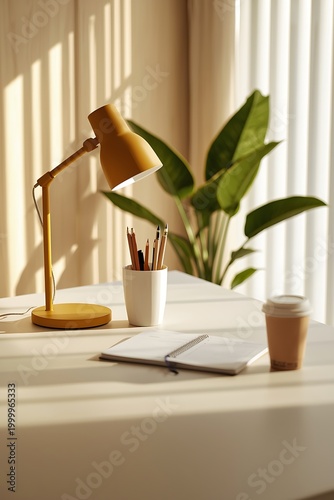 Minimalist Home Office Setup with Desk Lamp and Plant in Golden Hour Sunlight.
