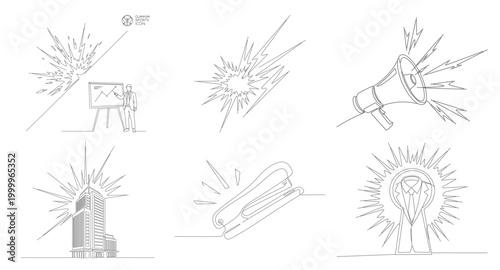 Continuous line drawing of office chair with radiant light burst representing professional status promotion and leadership achievement.