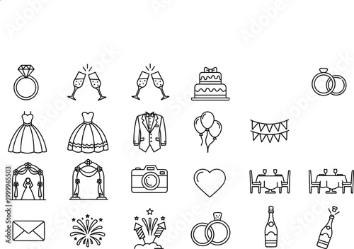 Wedding and Celebration Icons Set Featuring Rings, Cake, Dresses, Balloons, and Wedding Ceremony Elements for Event and Party Designs